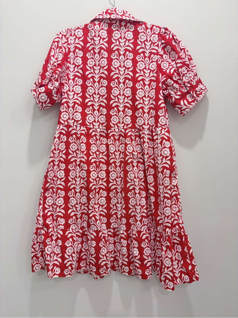 Crown & Ivy Red White Floral Tiered Midi Shirt Dress w/ Pockets Size L - Picture 3 of 9
